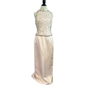 Lillie Rubin vintage 90s beaded top + skirt evening gown sz 10 slit gold cream